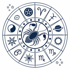Zodiac wheel with cancer sign in the center, surrounded by other astrological symbols, stars, sun, moon, and planets a celestial chart for astrology