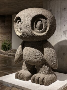 Large, stone sculpture of a stylized figure