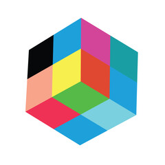 Colorful isometric cube made of geometric squares and blocks