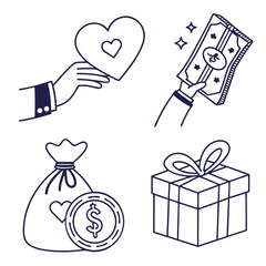 A charming doodle illustration showcases the essence of charity, featuring a heart, money, a bag of coins, and a gift box, all symbolizing generosity and giving
