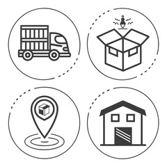 Illustration showing logistics network with delivery truck, cardboard box, warehouse and location pin for supply chain management concept