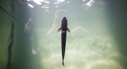 Underwater View of a Fish Swimming Upwards Towards Sunlight and Ripples