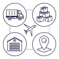 Illustration showing logistics network with delivery truck, cardboard box, warehouse and location pin for supply chain management concept