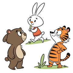 Cute cartoon illustration of a friendly brown bear a playful white bunny eating a green treat and an energetic tiger standing together on grass