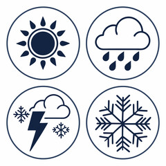 Weather forecast vector icons set contains such icons as sun, rain, cloud, snow, lightning, storm, snowflake, and more