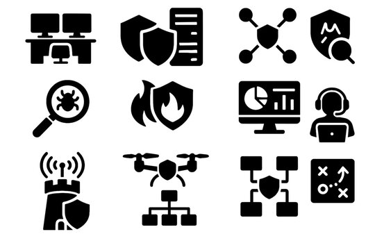 Cybersecurity cyber defense protection intelligence command server soc vector icons siem symbol