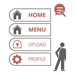 Digital user interface navigation menu with home menu upload and profile options featuring icons and a stylized person silhouette