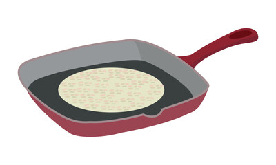 Square frying pan with flatbread cooking, red nonstick skillet