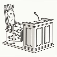 A courtroom judge s bench and ornate chair with a microphone on a podium representing justice and legal proceedings