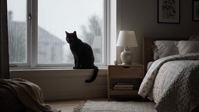 Black Cat Watching Rainy Day from Bedroom Window - A black cat sits on a windowsill in a bedroom, gazing out at the rain. The room is dimly lit, creating a cozy and peaceful atmosphere.
