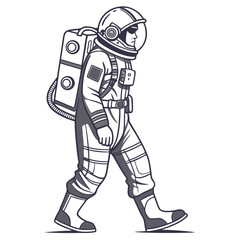 Stylized illustration of an astronaut in a spacesuit with a backpack walking confidently against a white background in a graphic art style