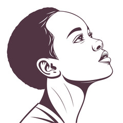 Sophisticated vector drawing of an african american woman gazing upward with a thoughtful expression, the refined lines highlight her inner reflection