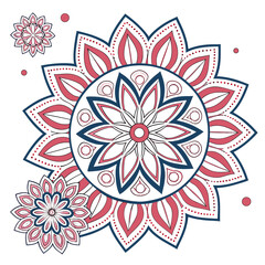 A symmetrical floral mandala in shades of red and blue is showcased, the intricate design features layered petals and decorative dots