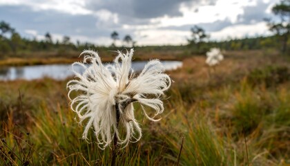 Fluffy flower by a pond in a bog