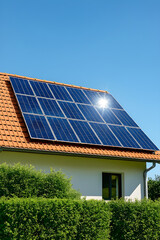 Fototapeta premium Home rooftop solar panels generating clean energy under a bright blue summer sky