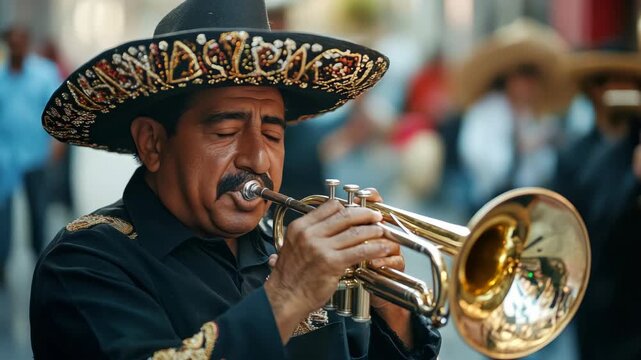 Traditional Mexican music being played with passion. A mariachi band member wearing traditional dress plays the trumpet, capturing the vibrant and joyful culture.