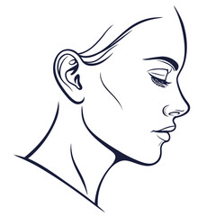 Sophisticated line drawing of a womans face in profile, highlighting her graceful features and serene expression ideal for cosmetic or wellness themes