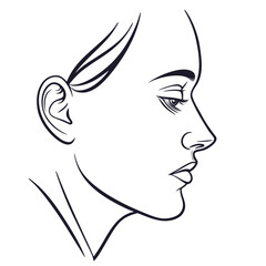 Elegant line art portrait of a woman with delicate features, showcasing her profile in a minimalist style perfect for beauty or fashion concepts