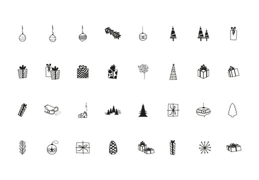 Black Christmas Holiday Retro Icons Set