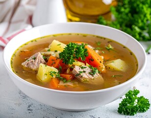 Hearty, vegetable-laden soup in a bowl
