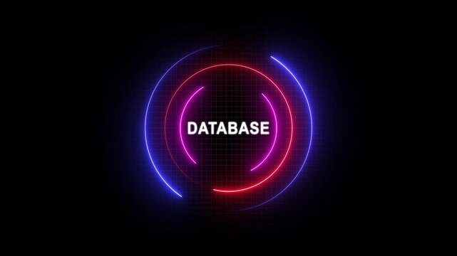 Neon database text effect. Technology background with glowing circular badge.
