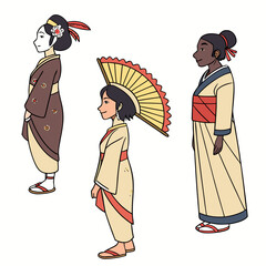Obraz premium Diverse group of women in traditional japanese kimonos and hairstyles with a decorative fan representing cultural heritage and fashion
