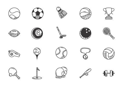 Black Doodle Sports Equipment Icons Set