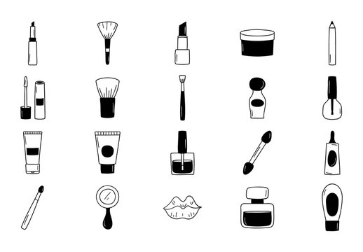Black Makeup Beauty Cosmetics Hand drawn Icons Set