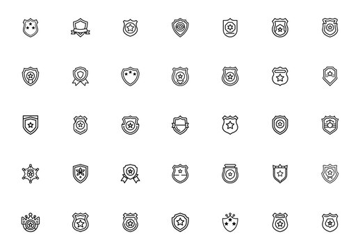 Black Police Badge Security Line Icons Set
