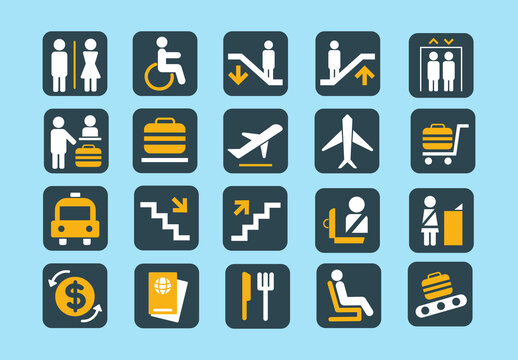 Blue And Yellow Airport Travel Icons Set