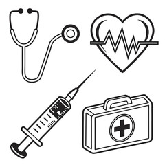 A collection of medical icons including a stethoscope a heart with a cardiogram a syringe and a first aid kit representing healthcare and wellness