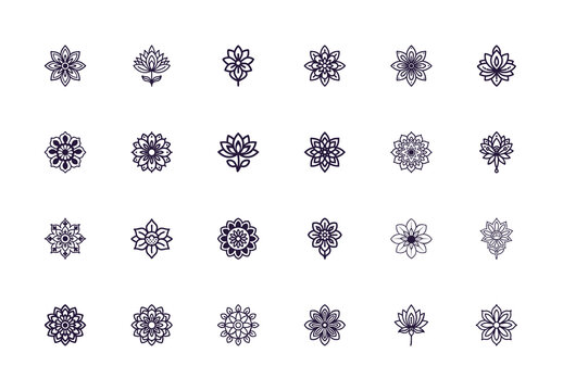 Blue Indian Floral Mandala Ornament Flower Icons Set