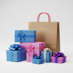 Obraz premium Elegant Wrapped Presents with Shopping Bag on White Background