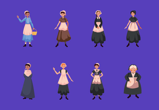 Colorful Amish Traditional Women Characters Illustrations Set