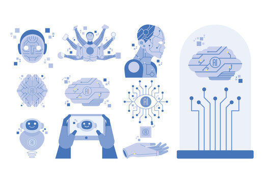 Blue Artificial Intelligence Robot Technology Illustrations Set