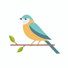 A charming flat design illustration of a small songbird with soft blue and yellow plumage, gently resting on a green-leafed branch, embodying the concept of natural tranquility and simple beauty