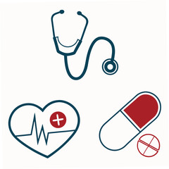 Set of medical icons including a stethoscope a heart with a pulse and a plus sign a capsule pill and a crossed out pill on a white background
