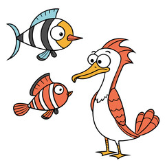 A cartoon illustration of a bird and two fish, showcasing their unique colors and features in a playful and whimsical style, perfect for childrens content