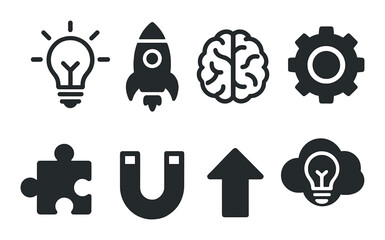 Creativity and innovation silhouette icon set. featuring light bulb, rocket, brain, gear, puzzle, magnet, arrow, cloud.