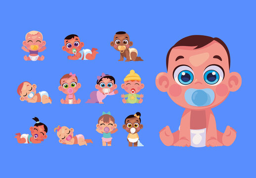 Colorful Baby With Pacifier Illustration Set