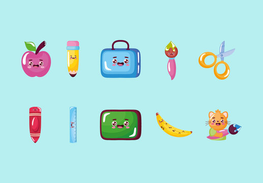 Colorful Back To School Education Supplies Illustrations Set