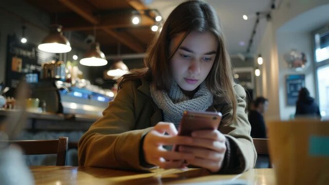 Girl seated at cafe table using smartphone. Modern lifestyle concept.