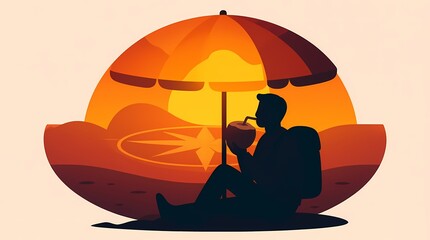 Silhouette of a traveler relaxing under an umbrella while sipping drink at sunset - Concept of creatine supplement  