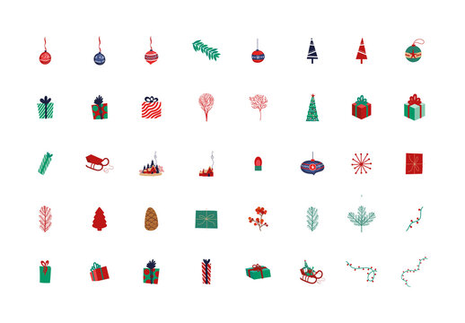 Colorful Christmas Retro Decoration Icons Set