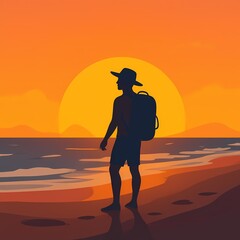 Silhouette of man with backpack standing on beach at sunset  