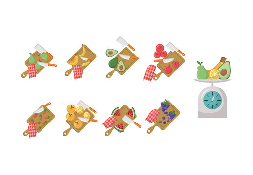 Colorful Cooking Fruit Cutting Kitchen Board Illustration Set