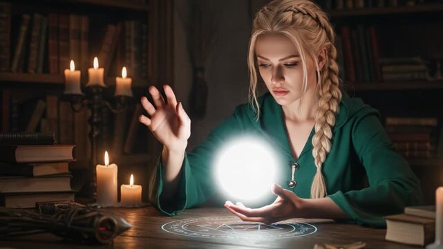 A Mysterious Sorceress Engaged in Spellbinding Magic, Illuminated by Candles and Surrounded by Arcane Books, Creating Energy in a Darkened Library