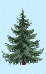 Christmas tree on a blue snowy background, decorated with garlands and baubles, festive and cozy illustration, perfect for cards, packaging, and winter decor.