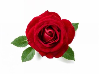 A single beautiful red rose with green leaves, isolated on a white background. A symbol of love and romance.