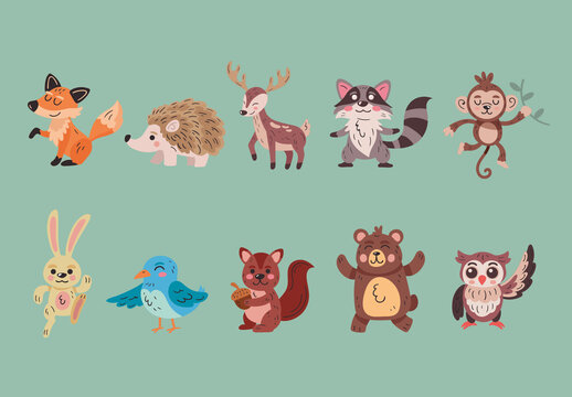 Colorful Cute Forest Animal Wildlife Illustrations Set